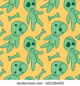 Vector seamless pattern with cute zombies in cartoon style. Halloween backgrounds and textures. For holiday design, greeting card, wrap, web