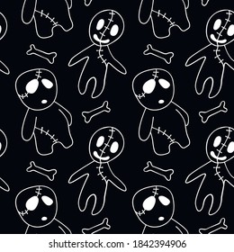 Vector seamless pattern with cute zombies in cartoon style. Outline doodle illustration isolated. Halloween backgrounds and textures. For holiday design, greeting card, wrap, web