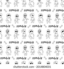 Vector seamless pattern with cute zombies in cartoon style. Outline doodle illustration isolated. Halloween backgrounds and textures. For coloring book, holiday design, greeting card, wrap, web