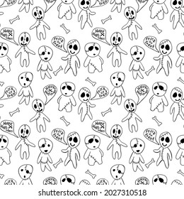 Vector seamless pattern with cute zombies in cartoon style. Outline doodle illustration isolated. Trick or treat - lettering in speech bubble. Halloween backgrounds and textures