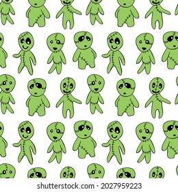 Vector seamless pattern with cute zombies in cartoon style. Outline doodle illustration isolated. Halloween backgrounds and textures. For holiday design, greeting card, wrap, web