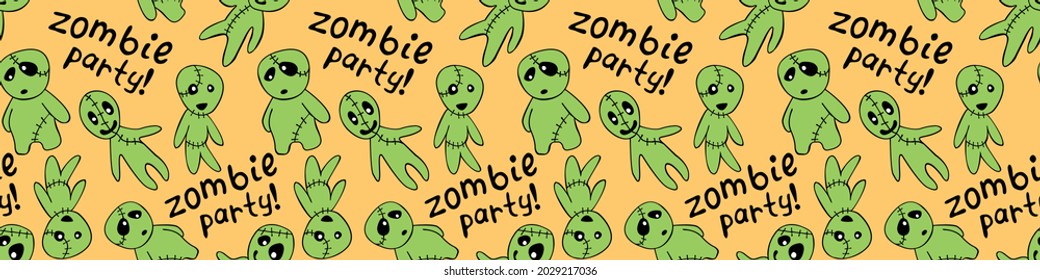 Vector seamless pattern with cute zombies in cartoon style. Outline doodle illustration isolated. Zombie party - lettering. Halloween backgrounds and textures