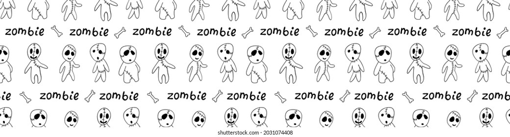 Vector seamless pattern with cute zombies in cartoon style. Outline doodle illustration isolated. Halloween backgrounds and textures. For coloring book, holiday design, greeting card, wrap, web