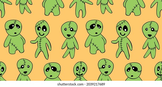 Vector seamless pattern with cute zombies in cartoon style. Outline doodle illustration isolated. Halloween backgrounds and textures. For holiday design, greeting card, wrap, web