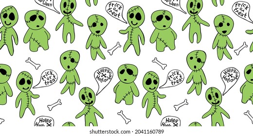 Vector seamless pattern with cute zombies in cartoon style. Outline doodle illustration isolated. Trick or treat - lettering in speech bubble. Halloween backgrounds and textures