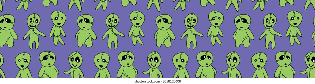 Vector seamless pattern with cute zombies in cartoon style. Outline doodle illustration isolated. Halloween backgrounds and textures. For holiday design, greeting card, wrap, web.