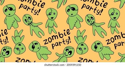 Vector seamless pattern with cute zombies in cartoon style. Outline doodle illustration isolated. Zombie party - lettering. Halloween backgrounds and textures