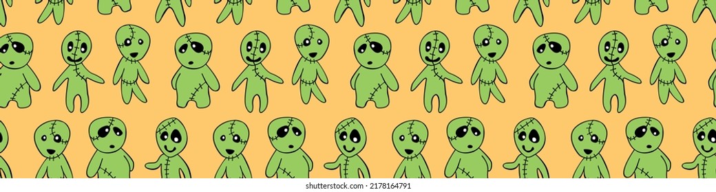 Vector seamless pattern with cute zombies in cartoon style. Outline doodle illustration isolated. Halloween backgrounds and textures. For holiday design, greeting card, wrap, web
