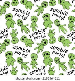 Vector seamless pattern with cute zombies in cartoon flat style. Zombie party - lettering. Halloween backgrounds and textures.