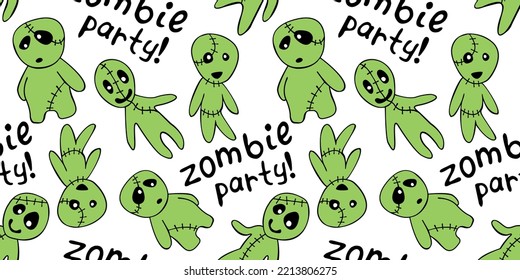 Vector seamless pattern with cute zombies in cartoon flat style. Zombie party - lettering. Halloween backgrounds and textures.