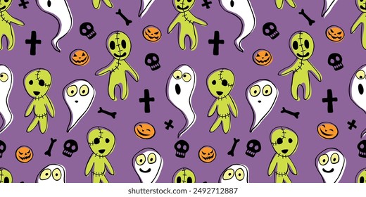 Vector seamless pattern with cute zombies, ghosts, skulls in cartoon style. Outline doodle illustration isolated. Halloween backgrounds and textures.