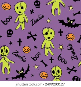 Vector seamless pattern with cute zombies, bats, skulls in cartoon style. Outline doodle flat illustration, isolated. Halloween backgrounds and textures.