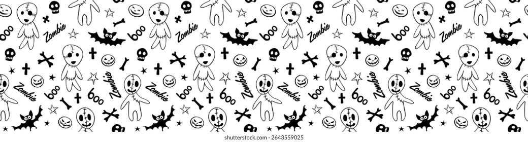 Vector seamless pattern with cute zombies, bats, skulls in cartoon style. Outline doodle flat illustration, isolated. Halloween backgrounds and textures.