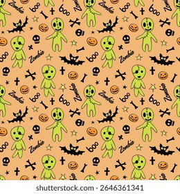 Vector seamless pattern with cute zombies, bats, skulls in cartoon style. Outline doodle flat illustration, isolated. Halloween backgrounds and textures.
