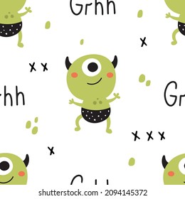 vector seamless pattern with  cutegreen monster