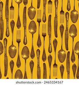 vector seamless pattern with cutlery fork spoon and knife in vintage style on yellow background. Suitable for vintage Wallpaper, wrapping paper, fabric