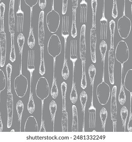 vector seamless pattern with cutlery fork spoon and knife in vintage style. Suitable for vintage Wallpaper, wrapping paper, fabric