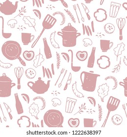 Vector seamless pattern with cutlery and kitchenware elements - pan, pot, fork, knife, vegetables, spice, sausage, egg beater, cup etc. Good for banners, menu cover, packaging. Hand drawn sketch style