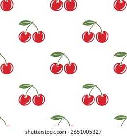 Padrão sem emenda do vetor com a cereja do recorte. Single, Par de Cerejas e Aglomerado de Cerejas com Folhas, Impressão Repetida. Cherry Art, Modelo de design, Ilustração de vetor