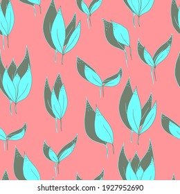 Vektornahtloses Muster türkiser Blätter mit grauem Schatten. Für Gewebe, Textilien, Bekleidung, Tapeten, Papier, Hintergründe, Flugblätter und Einladungen