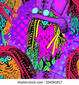 Vector seamless pattern with cyber owl. Colorful. Cyber owl in hat and goggles.

,