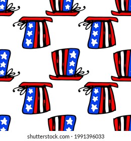 Vector seamless pattern of a cylinder in the colors of the American flag. a hand-drawn doodle pattern of a high hat in red with white stripes and white stars on a blue background, geometrically 