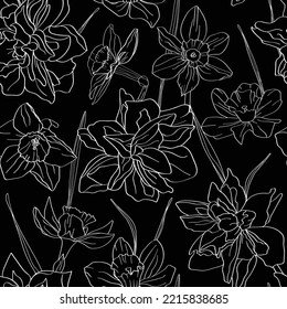 Vector seamless pattern of daffodil flowers. Young leaves and inflorescences are drawn by hand.