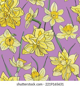 Vector seamless pattern of daffodil flowers. Young leaves and inflorescences are drawn by hand.