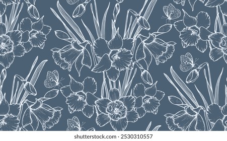 Vector seamless pattern of daffodil hand-drawn flowers. Blooming Narcissus.