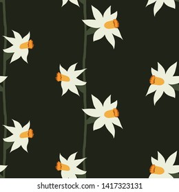 Vector seamless pattern of daffodils on a dark green background