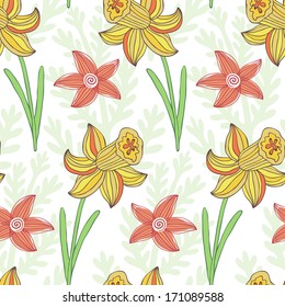 Vector seamless pattern with daffodils on the floral background