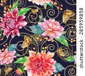 Vector seamless pattern with dahlia. Baroque style. Red, pink watercolor flowers, leaves and butterflies on dark blue background and abstract swirls.