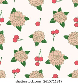 Vector Seamless Pattern of Dahlia Flower Cherry Background for Fashion Wrapping Print Fabric Surface