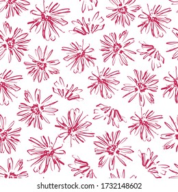 Vector seamless pattern with daisy flower. Loose floral ink sketch on white background. Great for fabric, gift wrap, scrapbook.