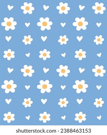 Vector seamless pattern of daisy flower and hearts isolated on blue background