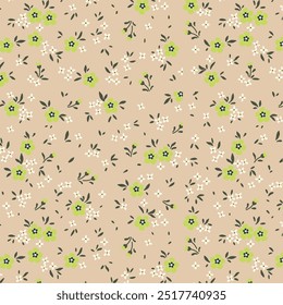 Vector seamless pattern with daisy flower and green leaves on brown background. 