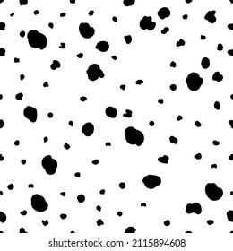 Vector seamless pattern with dalmatian fur print. Many different black spots of inks on white background