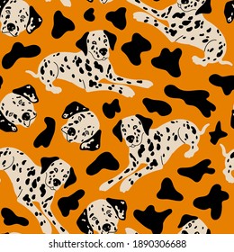 Vector seamless pattern Dalmatians and black spots on orange background. Cute dogs illustration for fabric, textile, background, wallpaper