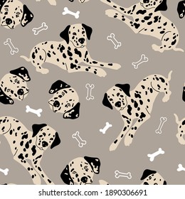 Vector seamless pattern Dalmatians and bones on gray background. Cute dogs illustration for fabric, textile, background, wallpaper
