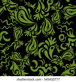 Vector seamless pattern. Seamless damask pattern, black and green classic wallpaper. Ornamental border.