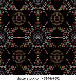 Vector seamless pattern. Seamless damask pattern, classic wallpaper, pink, yellow and green on a black background. Ornamental border.