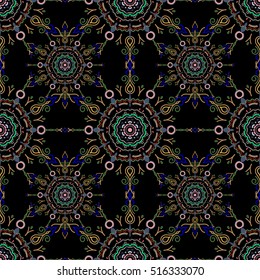 Vector seamless pattern. Seamless damask pattern, classic wallpaper, green, pink and blue on a black background. Ornamental border.