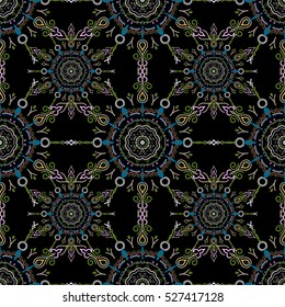 Vector seamless pattern. Seamless damask pattern, classic wallpaper, green, neutral and gray on a black background. Ornamental border.