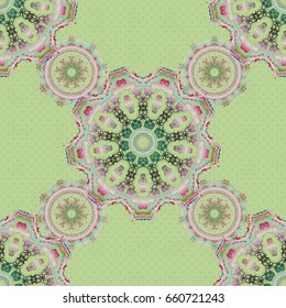 Vector seamless pattern. Seamless damask pattern, green and pink classic wallpaper. Ornamental border.