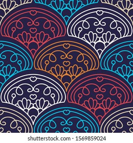 Vector seamless pattern. Damask texture, old fashion, victorian Europe ornament with modern colors. Minimalistic style, tile background. Abstract design for fabric, textile, wallpaper, paper 