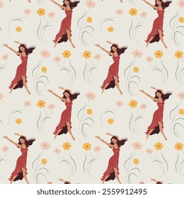 Vector seamless pattern with dancing beautiful barefoot women among blooming flowers. Nice girls in a dress. Summer wallpaper with people. Repeat texture with graceful lady.