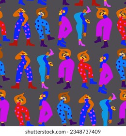 Vector seamless pattern with dancing disco people wearing colorful clothes, 80s vintage style pattern. Retro party background