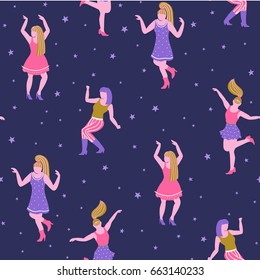 Vector seamless pattern with dancing girls and stars. Party background.