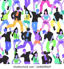 Vector seamless pattern with dancing hip hop girls and panels in bright neon modern colors on a white isolated background.Print for the design of teenage clothing, accessories, bags, printed materials