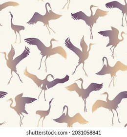 Vector seamless pattern of Dancing Japanese crane birds hand drawn silhouette sketches on a beige background